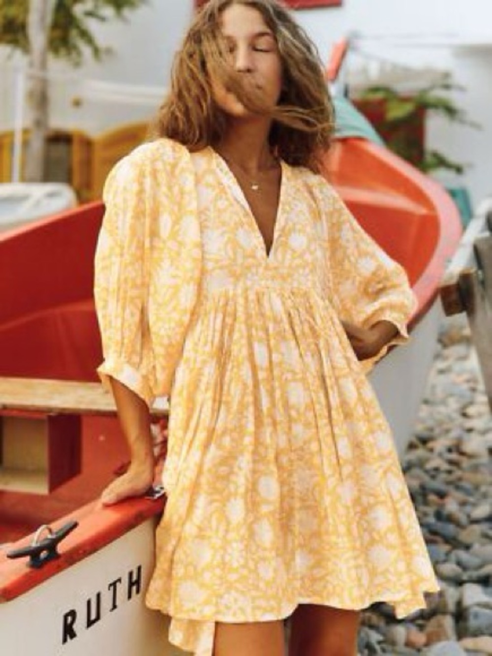 Millie Vacation Yellow Floral V-Neck Short Dress